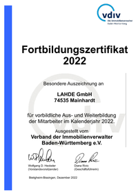 2022_Fortbildungszertifikat vdiv LAHDE GmbH - Foto